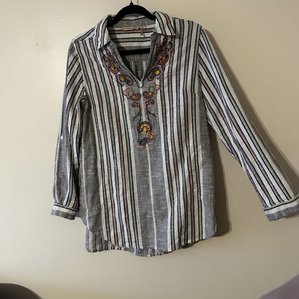 Soft Surroundings Floral Embroidery Top Paisley Tunic Stripe Pocket Roll Tab M‎ - Picture 10 of 16